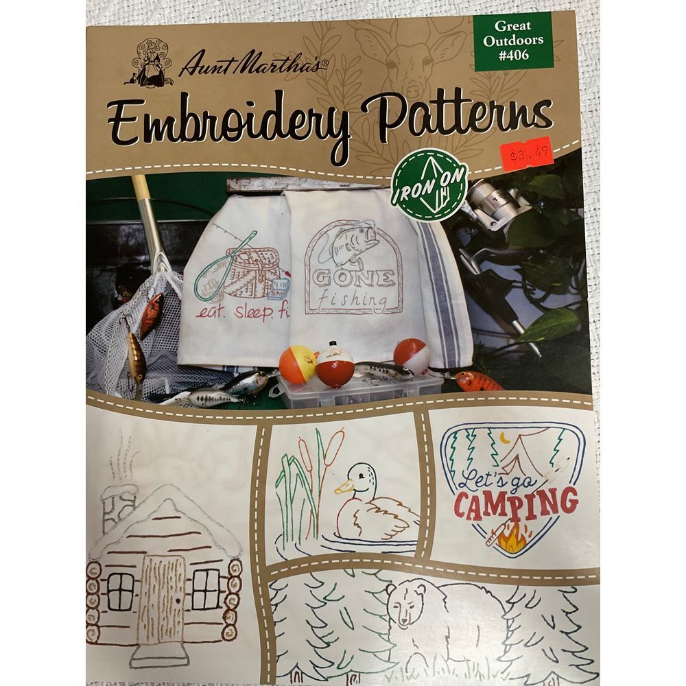 Aunt‎ Martha's Great Outdoors Iron On Embroidery Pattern #406 Fishing Camping